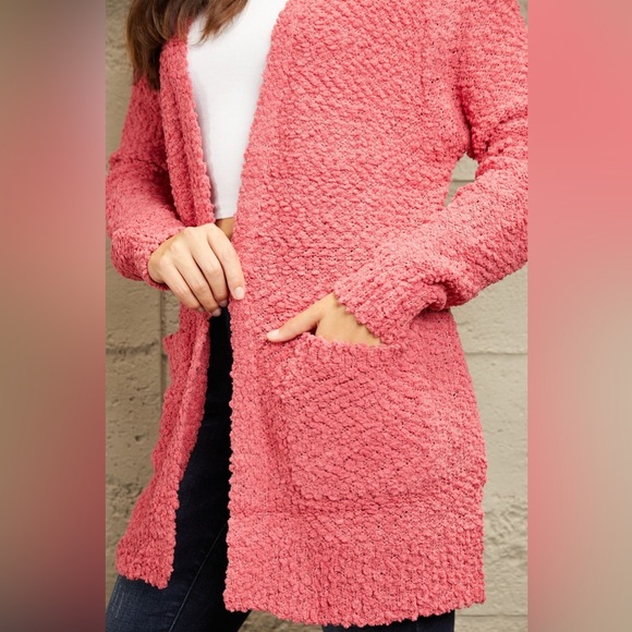SALE! Zenana Falling For You Full Size Open Front Popcorn Cardigan in Coral Pink - Picture 5 of 6